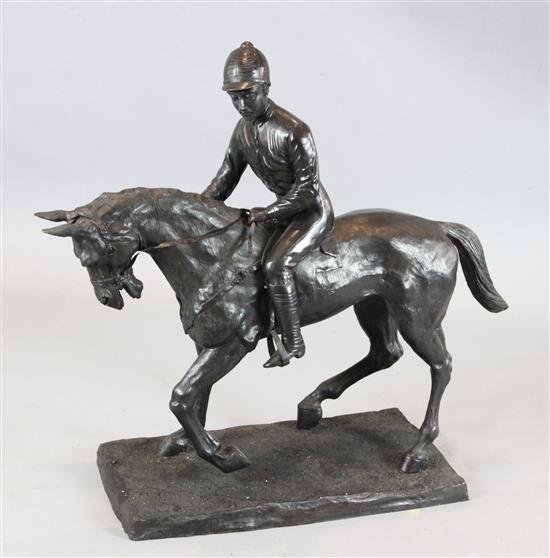 After Pierre Jules Mene. A large bronze of a racehorse with jockey up, height 33.5in. length 37in.
